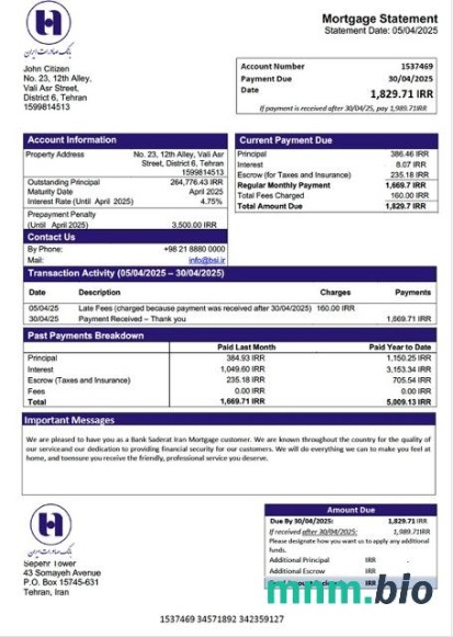 Iran Bank Saderat Iran wyciąg z kredytu hipotecznego szablon Word i PDF